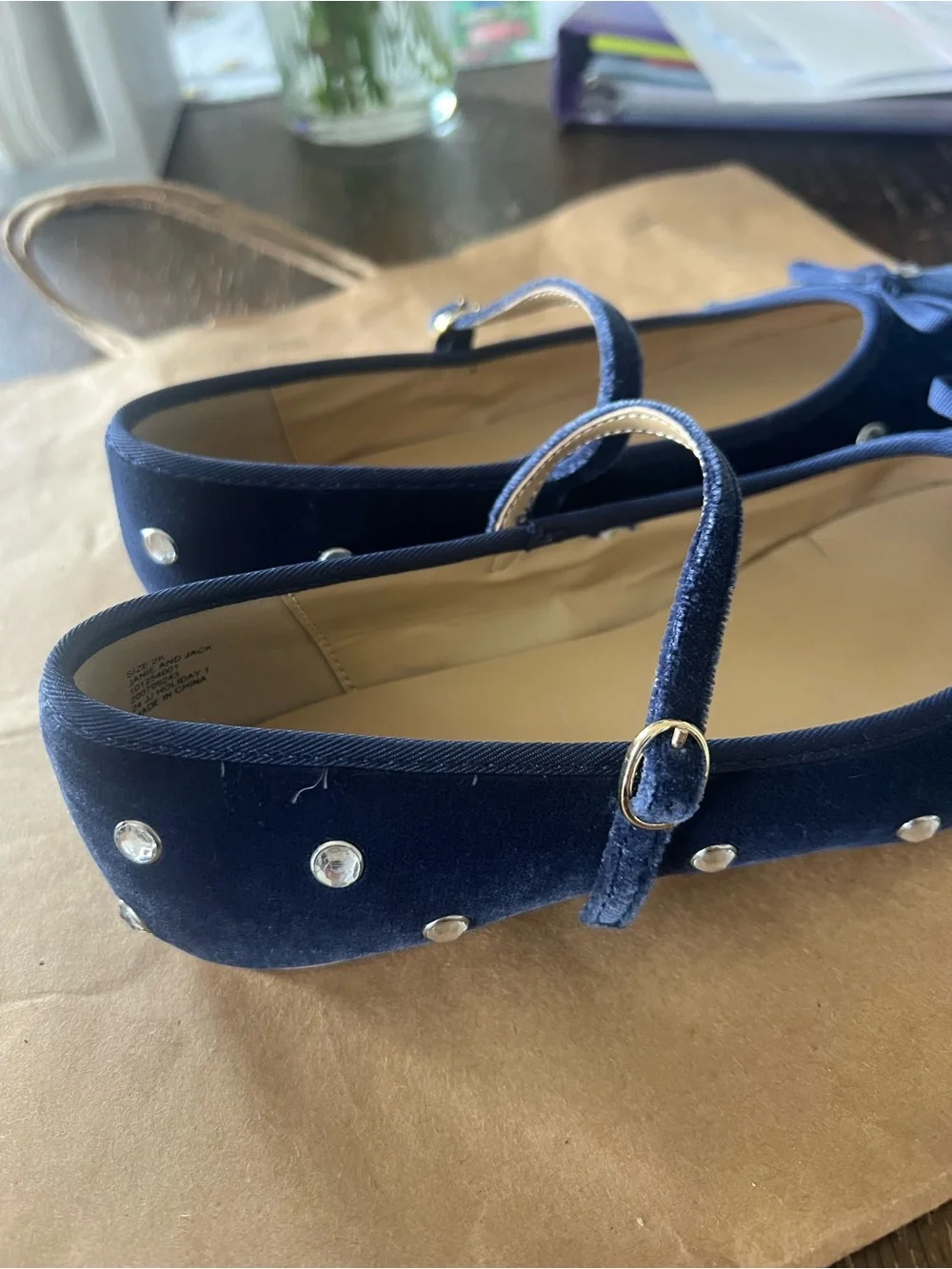 Janie and Jack Navy Velvet Mary Jane Flats with Gem Studs